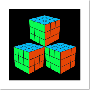 Three Rubik Cubes in a Triangle - Green, Light Blue and Orange Posters and Art